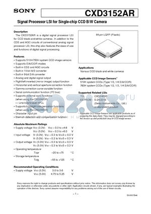 CXD3152AR datasheet - Signal Processor LSI for Single-chip CCD B/W Camera