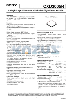 CXD3005R datasheet - CD Digital Signal Processor with Built-in Digital Servo and DAC