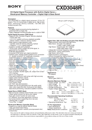 CXD3048R datasheet - CD Digital Signal Processor with Built-in Digital Servo  Shock-proof Memory Controller  Digital High & Bass Boost