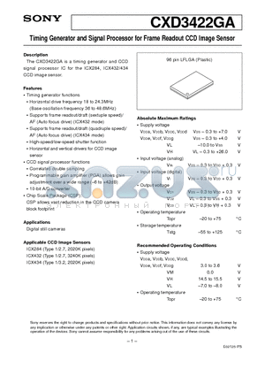 CXD3422GA datasheet - Timing Generator and Signal Processor for Frame Readout CCD Image Sensor