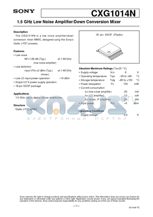 CXG1014N datasheet - 1.5 GHz Low Noise Amplifier/Down Conversion Mixer