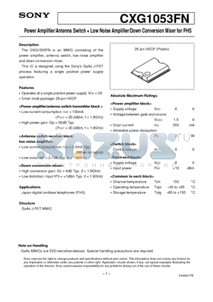 CXG1053FN datasheet - Power Amplifier/Antenna Switch  Low Noise Amplifier/Down Conversion Mixer for PHS