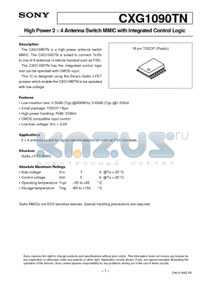 CXG1090TN datasheet - High Power 2 x 4 Antenna Switch MMIC with Integrated Control Logic
