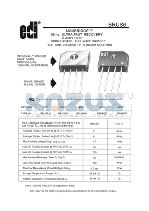 BRUS640 datasheet - ULTRA-FAST RECOVERY 8 AMPERES SINGLE-PHASE, FULL-WAVE BRIDGES HEAT SINK CHASSIS P .C. BOARD MOUNTING