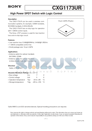 CXG1173UR datasheet - High Power SPDT Switch with Logic Control