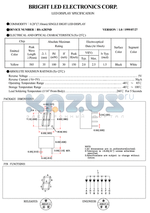 BS-A283ND datasheet - 0.28(7.10MM)single DIGIT LED DISPLAY