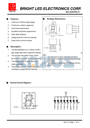 BS-A283RD-A datasheet - 7.00mm (0.28) high single digit seven segments dispaly