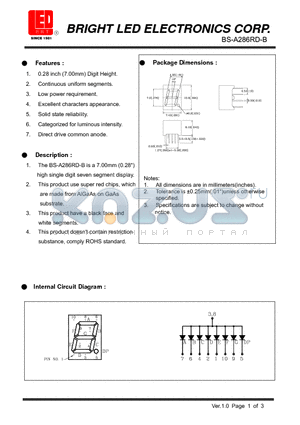 BS-A286RD-B datasheet - 7.00mm (0.28) high single digit seven segments dispaly