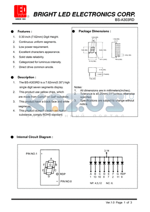 BS-A303RD datasheet - 7.62mm(0.30) high single digit seven segments display