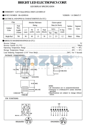 BS-A285RD-B datasheet - 0.39(7.00MM)single DIGIT LED DISPLAY