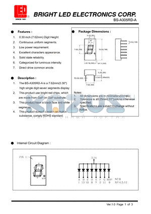 BS-A305RD-A datasheet - 7.62mm(0.30) high single digit seven segments display