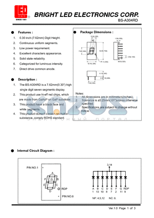 BS-A304RD datasheet - 7.62mm(0.30) high single digit seven segments display.