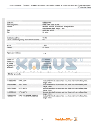 0258360000 datasheet - Modular terminal, accessories, end plate and intermediate plate, beige, 2 mm