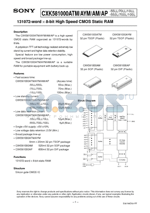 CXK581000AM-10SL datasheet - 131072-word x 8-bit High Speed CMOS Static RAM