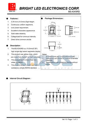 BS-A343RD datasheet - 10.0 (0.39) high single digit seven segments display