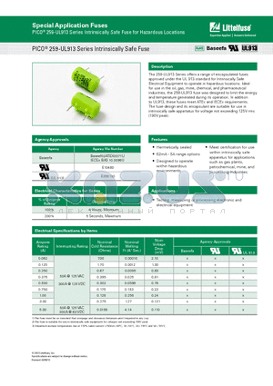 0259.062MX913 datasheet - PICO 259-UL913 Series Intrinsically Safe Fuse for Hazardous Locations