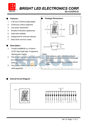 BS-A34DRD-B datasheet - 0.39(10.00MM) high single DIGIT 14-segments alphanumeric DISPLAY