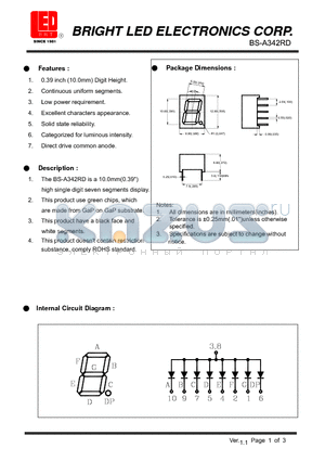 BS-A342RD datasheet - 10.0mm(0.39) high single digit seven segments display.