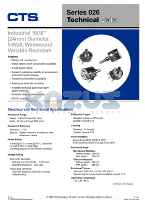 026 datasheet - Industrial 15/16 inch (24mm) Diameter, 5-Watt, Wirewound Variable Resistors