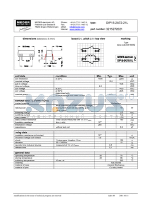 DIP15-2A72-21L datasheet - DIP Reed Relay