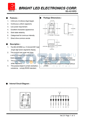 BS-A516RD datasheet - 14.2mm(0.56) high single digit seven segments display.