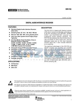 DIR1703E datasheet - DIGITAL AUDIO INTERFACE RECEIVER