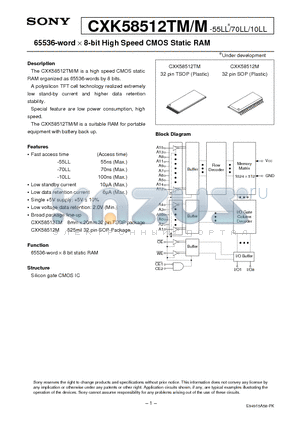 CXK58512M datasheet - 65536-word X 8-bit High Speed CMOS Static RAM