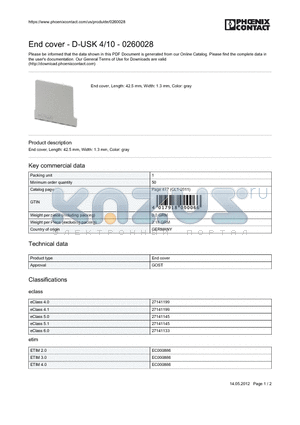 0261030 datasheet - End cover - D-USK 4/10 - 0260028