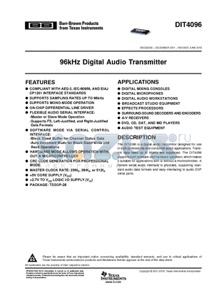 DIT4096 datasheet - 96kHz Digital Audio Transmitter