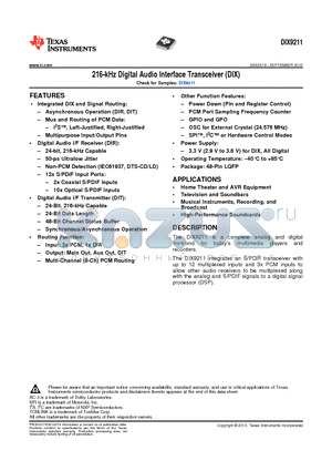 DIX9211PTR datasheet - 216-kHz Digital Audio Interface Transceiver (DIX)