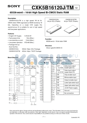 CXK5B16120TM-12 datasheet - 65536-word X 16-bit High Speed Bi-CMOS Static RAM