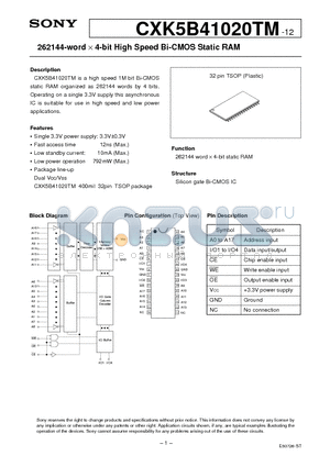 CXK5B41020TM- datasheet - 262144-word x 4-bit High Speed Bi-CMOS Static RAM