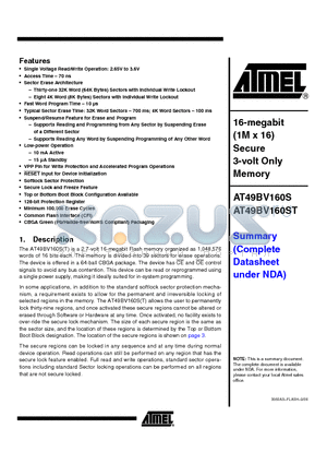 AT49BV160ST datasheet - 16-megabit(1M x 16) Secure 3-volt Only Memory