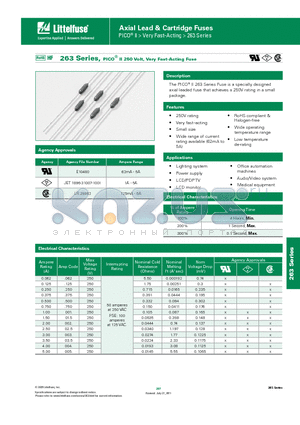 0263.500WAT1L datasheet - 263 Series, PICO^ II 250 Volt, Very Fast-Acting Fuse