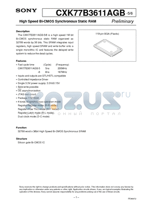 CXK77B3611AGB-6 datasheet - High Speed Bi-CMOS Synchronous Static RAM