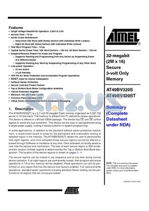 AT49BV320S datasheet - 32-megabit (2M x 16) Secure 3-volt Only Memory