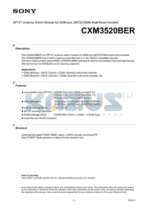 CXM3520BER datasheet - SP10T Antenna Switch Module for GSM and UMTS/CDMA Multi Mode Handset
