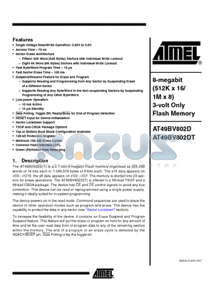 AT49BV802DT datasheet - 8-megabit (512K x 16/ 1M x 8) 3-volt Only Flash Memory