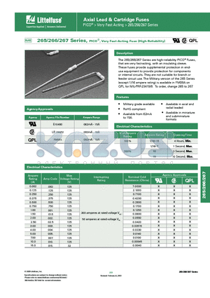 0267.250VXT datasheet - 265/266/267 Series, PICO^, Very Fast-Acting Fuse (High-Reliability)