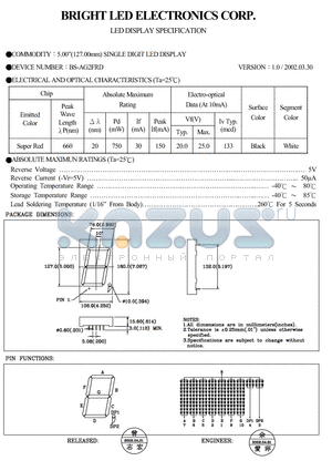 BS-AG2FRD datasheet - 0.39(10.00MM)single DIGIT LED DISPLAY