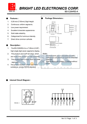 BS-C284RD-A datasheet - 7.00mm (0.28) high single digit seven segments dispaly