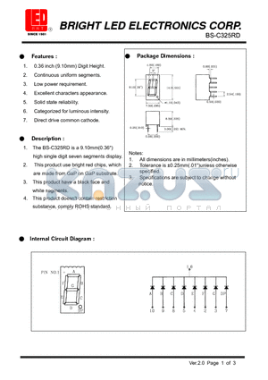 BS-C325RD datasheet - 9.10mm(0.36) high single digit seven segments display.