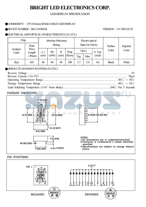 BS-C341RD-B datasheet - 0.39(10.00MM)single DIGIT LED DISPLAY
