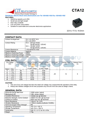 CAT122AC18VDC.45 datasheet - Switching capacity up to 20A Small size and light weight