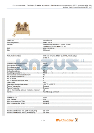 0268880000 datasheet - Feed-through terminal, 2.5 mmb, Screw connection, PA 66, beige, TS 35