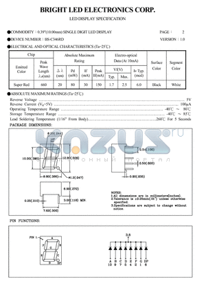 BS-C346RD datasheet - 0.39(10.00MM)single DIGIT LED DISPLAY