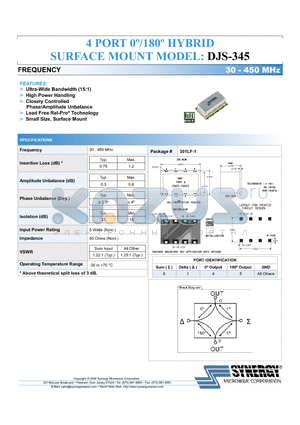 DJS-345 datasheet - 4 PORT 0j/180j HYBRID SURFACE MOUNT MODEL