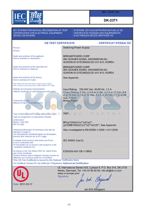 DK-2371 datasheet - IEC SYSTEM FOR MUTUAL RECOGNITION OF TEST CERTIFICATES FOR ELECTRICAL EQUIPMENT (IECEE) CB SCHEME