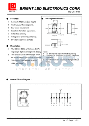 BS-C514RD datasheet - 14.20mm(00.56) high single digit seven segments display