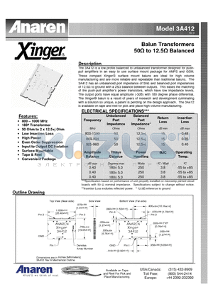 3A412 datasheet - Balun Transformers 50 to 12.5 Balanced